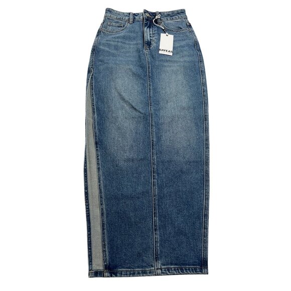 BAYEAS Denim Skirt with Side Slit in Blue - Picture 1 of 7
